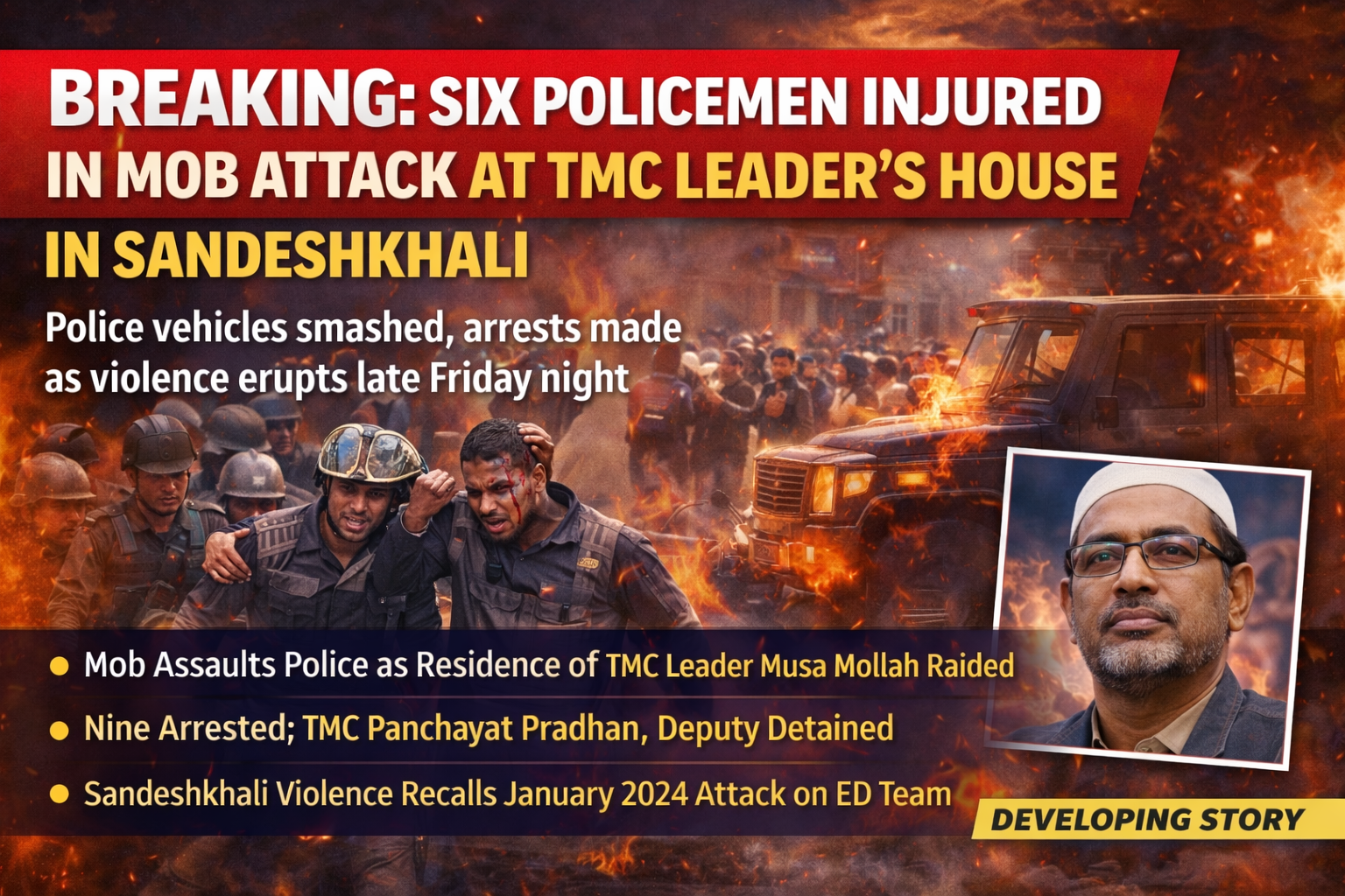 BREAKING: SIX POLICEMEN INJURED IN MOB ATTACK AT TMC LEADER’S HOUSE IN SANDESHKHALI