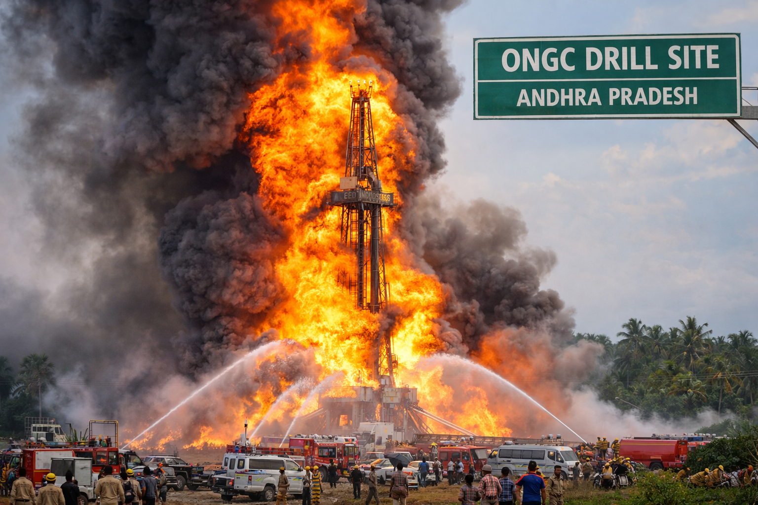 GAS LEAK TRIGGERS MASSIVE FIRE, EXPLOSION AT ONGC DRILL SITE IN ANDHRA PRADESH