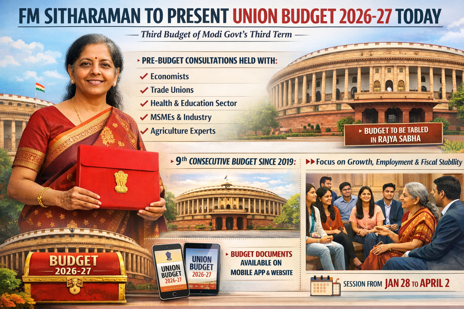 Union Finance Minister Nirmala Sitharaman will present the Union Budget for 2026–27 in the Lok Sabha today. Following its presentation in the Lower House, the Budget will be laid on the table of the Rajya Sabha. This will be the third Budget of the Narend
