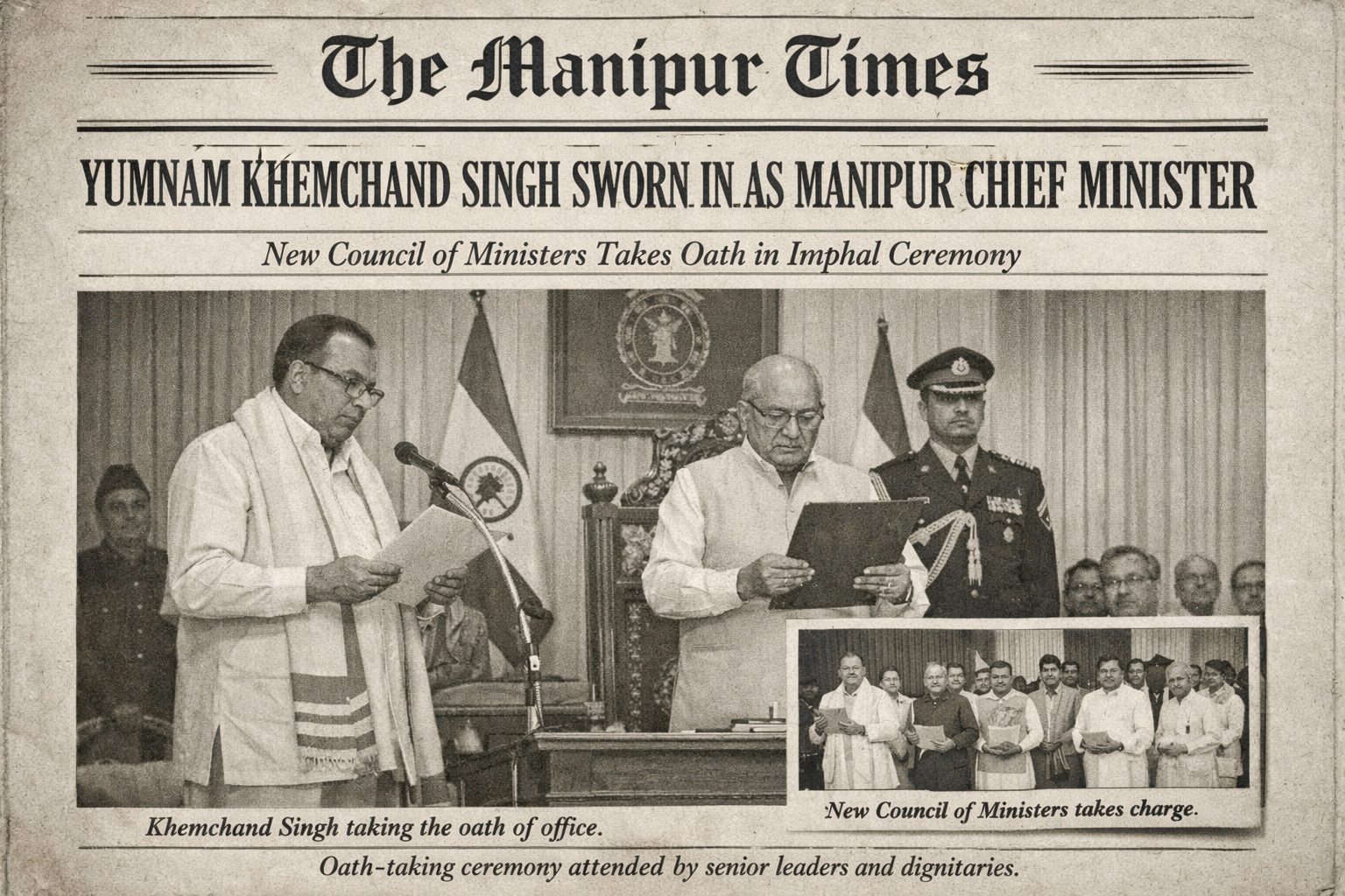 Yumnam Khemchand Singh was sworn in as the Chief Minister of Manipur on Tuesday, marking the formation of a new Council of Ministers in the state. The oath of office and secrecy was administered at a ceremony attended by senior leaders, officials and dign
