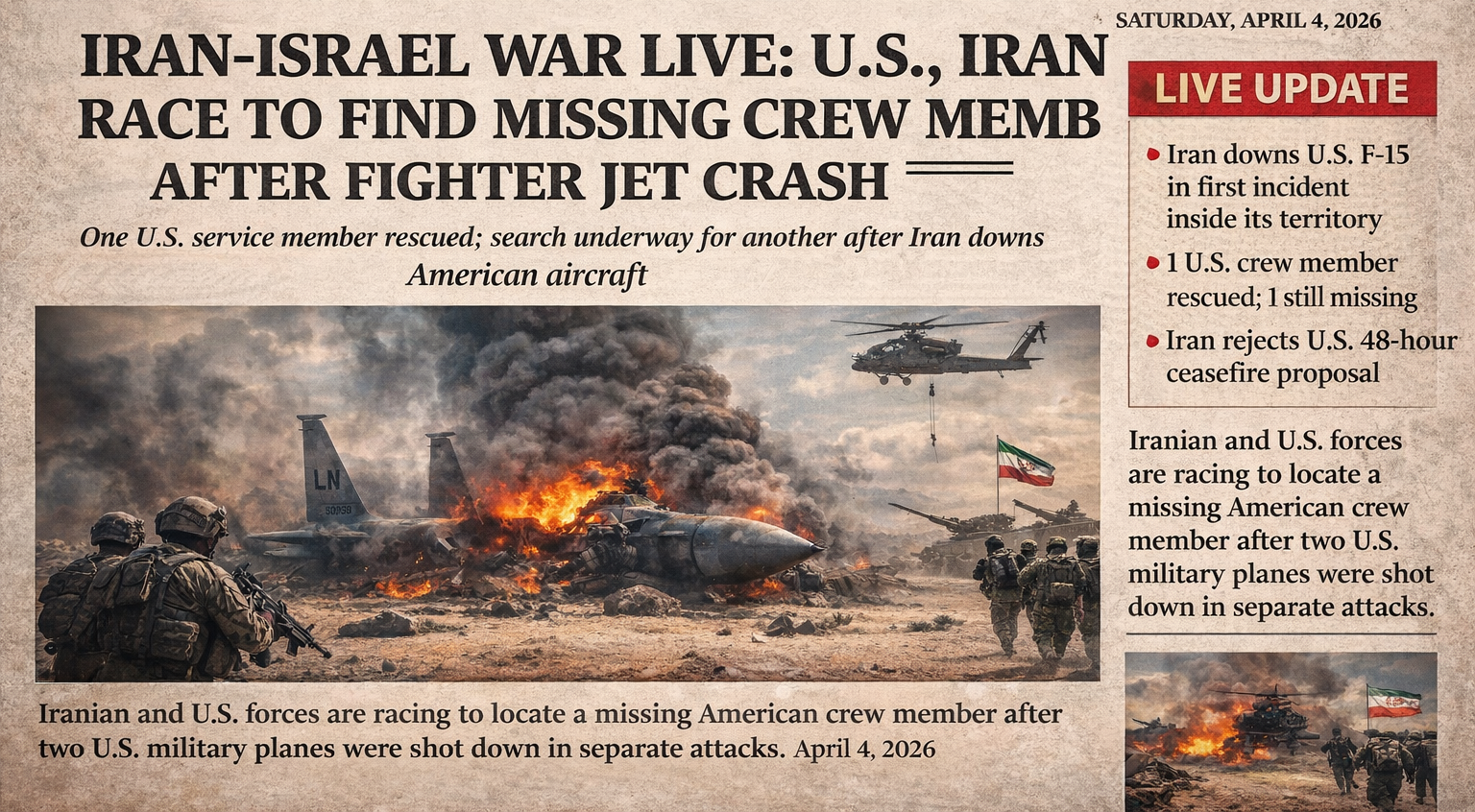 IRAN–ISRAEL WAR LIVE: U.S., IRAN RACE TO FIND MISSING CREW MEMBER AFTER FIGHTER JET CRASH