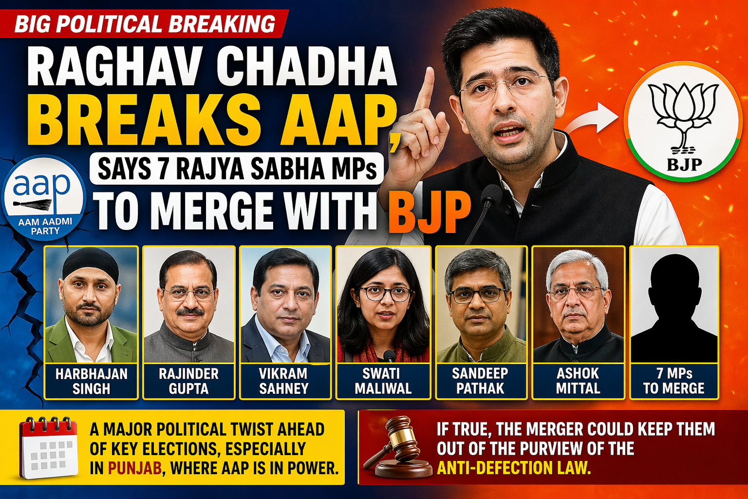 Raghav Chadha Triggers Political Storm, Claims Split in AAP; 7 Rajya Sabha MPs Likely to Merge with BJP